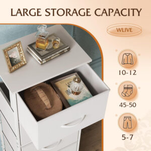 WLIVE Fabric Dresser, 5-Drawer Tall Dresser for Bedroom, Storage Organizer with Fabric Bins, Wood Top, Sturdy Steel Frame, Chest of Drawers for Closet, Hallway, Rustic Brown Wood Grain Print