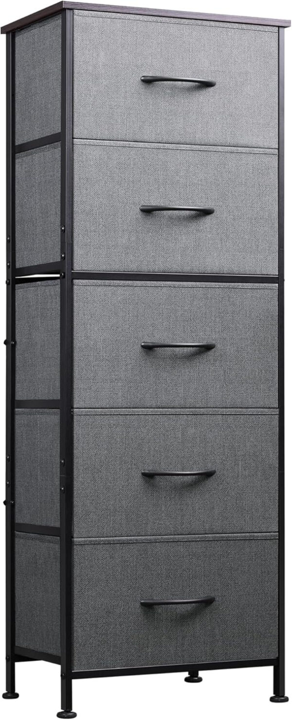 WLIVE Fabric Dresser, 5-Drawer Tall Dresser for Bedroom, Storage Organizer with Fabric Bins, Wood Top, Sturdy Steel Frame, Chest of Drawers for Closet, Hallway, Rustic Brown Wood Grain Print