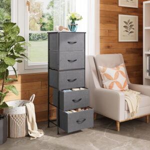 WLIVE Fabric Dresser, 5-Drawer Tall Dresser for Bedroom, Storage Organizer with Fabric Bins, Wood Top, Sturdy Steel Frame, Chest of Drawers for Closet, Hallway, Rustic Brown Wood Grain Print