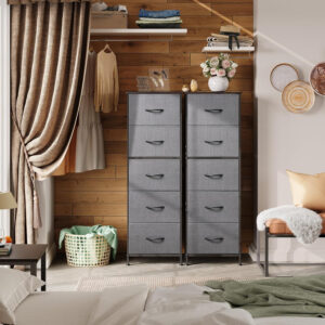 WLIVE Fabric Dresser, 5-Drawer Tall Dresser for Bedroom, Storage Organizer with Fabric Bins, Wood Top, Sturdy Steel Frame, Chest of Drawers for Closet, Hallway, Rustic Brown Wood Grain Print
