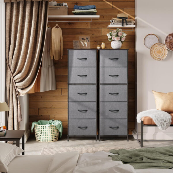 WLIVE Fabric Dresser, 5-Drawer Tall Dresser for Bedroom, Storage Organizer with Fabric Bins, Wood Top, Sturdy Steel Frame, Chest of Drawers for Closet, Hallway, Rustic Brown Wood Grain Print