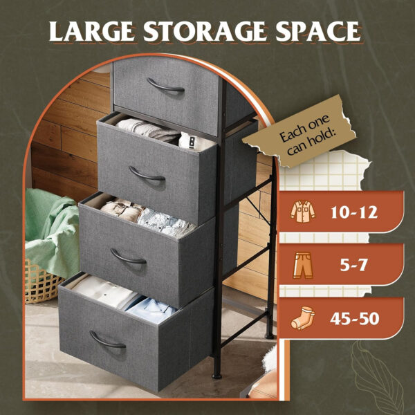 WLIVE Fabric Dresser, 5-Drawer Tall Dresser for Bedroom, Storage Organizer with Fabric Bins, Wood Top, Sturdy Steel Frame, Chest of Drawers for Closet, Hallway, Rustic Brown Wood Grain Print
