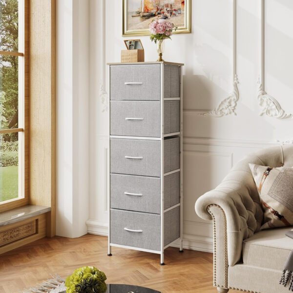 WLIVE Fabric Dresser, 5-Drawer Tall Dresser for Bedroom, Storage Organizer with Fabric Bins, Wood Top, Sturdy Steel Frame, Chest of Drawers for Closet, Hallway, Rustic Brown Wood Grain Print