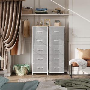 WLIVE Fabric Dresser, 5-Drawer Tall Dresser for Bedroom, Storage Organizer with Fabric Bins, Wood Top, Sturdy Steel Frame, Chest of Drawers for Closet, Hallway, Rustic Brown Wood Grain Print
