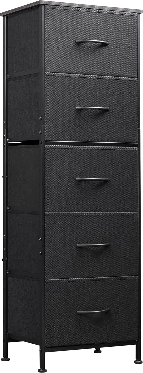 WLIVE Fabric Dresser, 5-Drawer Tall Dresser for Bedroom, Storage Organizer with Fabric Bins, Wood Top, Sturdy Steel Frame, Chest of Drawers for Closet, Hallway, Rustic Brown Wood Grain Print