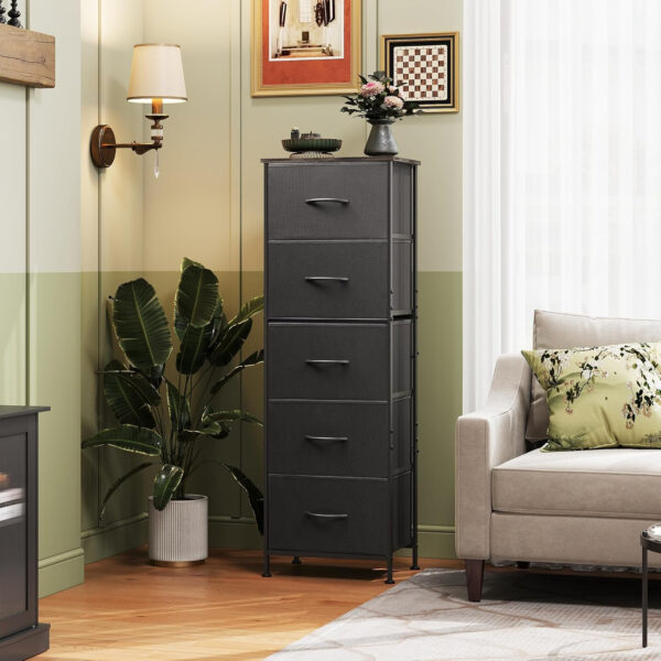 WLIVE Fabric Dresser, 5-Drawer Tall Dresser for Bedroom, Storage Organizer with Fabric Bins, Wood Top, Sturdy Steel Frame, Chest of Drawers for Closet, Hallway, Rustic Brown Wood Grain Print