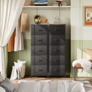 WLIVE Fabric Dresser, 5-Drawer Tall Dresser for Bedroom, Storage Organizer with Fabric Bins, Wood Top, Sturdy Steel Frame, Chest of Drawers for Closet, Hallway, Rustic Brown Wood Grain Print