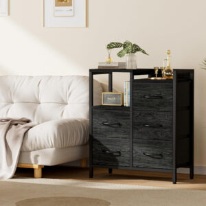 68876e2e10cc4a2b3a3e5c2dbc98fc74e7bc61a8b7ae63aac67c6.jpg Furnulem 5 Drawer Black Dressers for Bedroom 2 Tier Shelf Storage Small Fabric Dresser for Closet Sturdy Metal Frame Modern Style Storage Cabinets Organization Units for Hallway Rooms