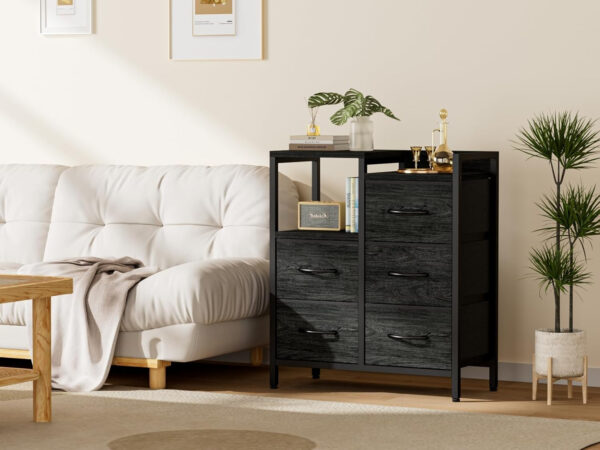 68876e2e10cc4a2b3a3e5c2dbc98fc74e7bc61a8b7ae63aac67c6.jpg Furnulem 5 Drawer Black Dressers for Bedroom 2 Tier Shelf Storage Small Fabric Dresser for Closet Sturdy Metal Frame Modern Style Storage Cabinets Organization Units for Hallway Rooms
