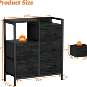68876e2f3a2966ddffdd527c6ddbaa3c4567c55ab488dbcdb3694.jpg Furnulem 5 Drawer Black Dressers for Bedroom 2 Tier Shelf Storage Small Fabric Dresser for Closet Sturdy Metal Frame Modern Style Storage Cabinets Organization Units for Hallway Rooms