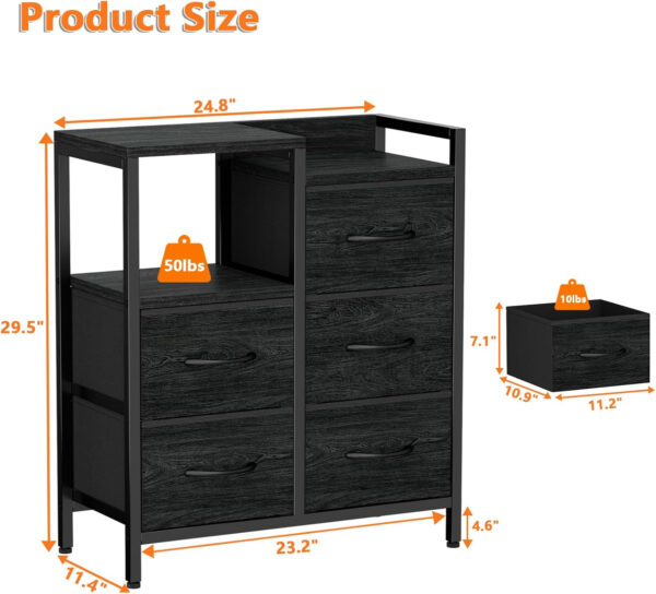 68876e2f3a2966ddffdd527c6ddbaa3c4567c55ab488dbcdb3694.jpg Furnulem 5 Drawer Black Dressers for Bedroom 2 Tier Shelf Storage Small Fabric Dresser for Closet Sturdy Metal Frame Modern Style Storage Cabinets Organization Units for Hallway Rooms