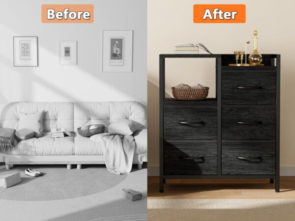 68876e307a2926540b5386c7cc9a9cb5e8f79da1542732243bb37.jpg Furnulem 5 Drawer Black Dressers for Bedroom 2 Tier Shelf Storage Small Fabric Dresser for Closet Sturdy Metal Frame Modern Style Storage Cabinets Organization Units for Hallway Rooms