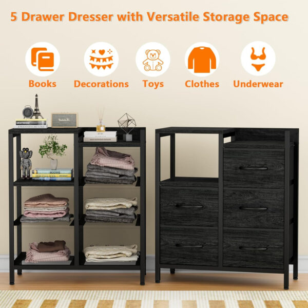 68876e31b401cbcb4a6420c2549bb9484dcc75905652285a15a74.jpg Furnulem 5 Drawer Black Dressers for Bedroom 2 Tier Shelf Storage Small Fabric Dresser for Closet Sturdy Metal Frame Modern Style Storage Cabinets Organization Units for Hallway Rooms