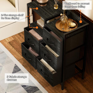 68876e348e135e74520ddf48ded8179c1343fa21ebcfc3bb90594.jpg Furnulem 5 Drawer Black Dressers for Bedroom 2 Tier Shelf Storage Small Fabric Dresser for Closet Sturdy Metal Frame Modern Style Storage Cabinets Organization Units for Hallway Rooms