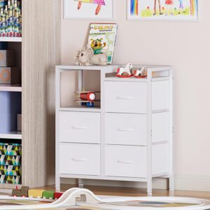 68876e38eb5bcbc0d030b30f8845aa63742267399b5e88588ff28.jpg Furnulem 5 Drawer Black Dressers for Bedroom 2 Tier Shelf Storage Small Fabric Dresser for Closet Sturdy Metal Frame Modern Style Storage Cabinets Organization Units for Hallway Rooms