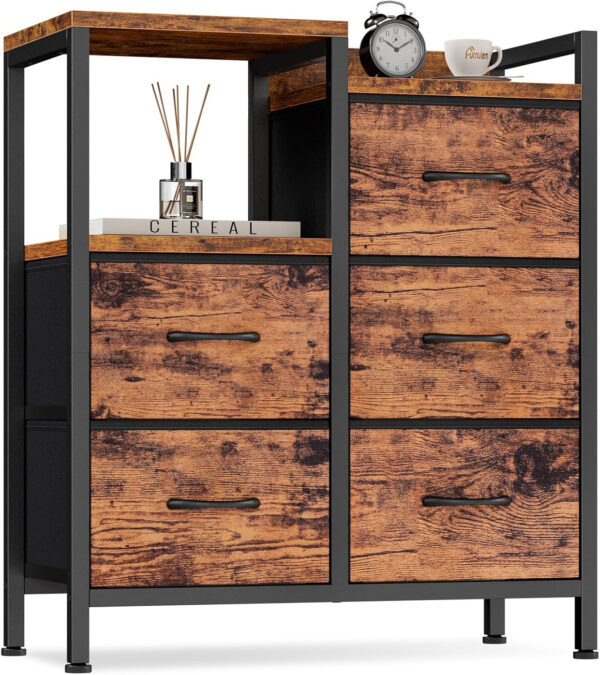 68876e440e20a8dbc716a8bec33eb98e8aa350d42481170788c85.jpg Furnulem 5 Drawer Black Dressers for Bedroom 2 Tier Shelf Storage Small Fabric Dresser for Closet Sturdy Metal Frame Modern Style Storage Cabinets Organization Units for Hallway Rooms