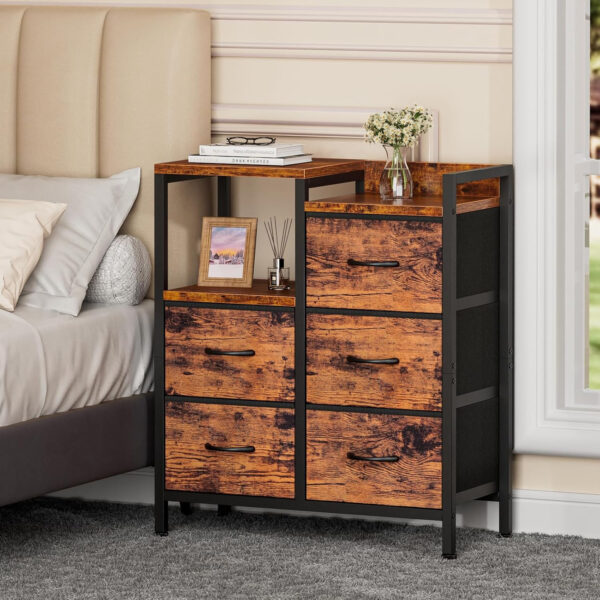 68876e4572397280b8564a7475ac122a3a7e85b8f602ca1cdfaaa.jpg Furnulem 5 Drawer Black Dressers for Bedroom 2 Tier Shelf Storage Small Fabric Dresser for Closet Sturdy Metal Frame Modern Style Storage Cabinets Organization Units for Hallway Rooms