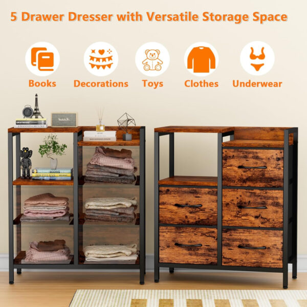 68876e4801098e957b55ec67c891eeb5ba76963691022a6b2eb76.jpg Furnulem 5 Drawer Black Dressers for Bedroom 2 Tier Shelf Storage Small Fabric Dresser for Closet Sturdy Metal Frame Modern Style Storage Cabinets Organization Units for Hallway Rooms