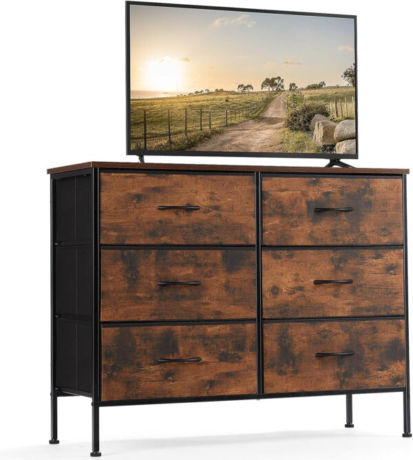 68876e6aa49b40e991101e3570a0be94db481824968cd255aacbc.jpg Sweetcrispy Dresser for Bedroom, TV Stand, 6-Drawer Fabric Storage Cabinet with Open Shelves, Console Table, Entertainment Center and Closet Organizers for Living Room Furniture, Brown