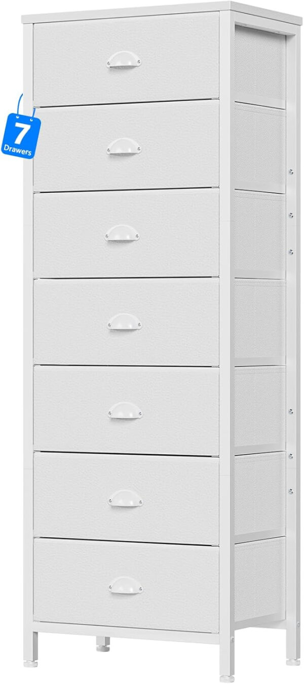 Furnulem White Tall Dresser for Bedroom,Vertical Storage Tower Unit and End Table with 6 Drawers, Nightstand Furniture with Fabric Drawer Organizer in Living Room,Closet,Entryway,Hallyway