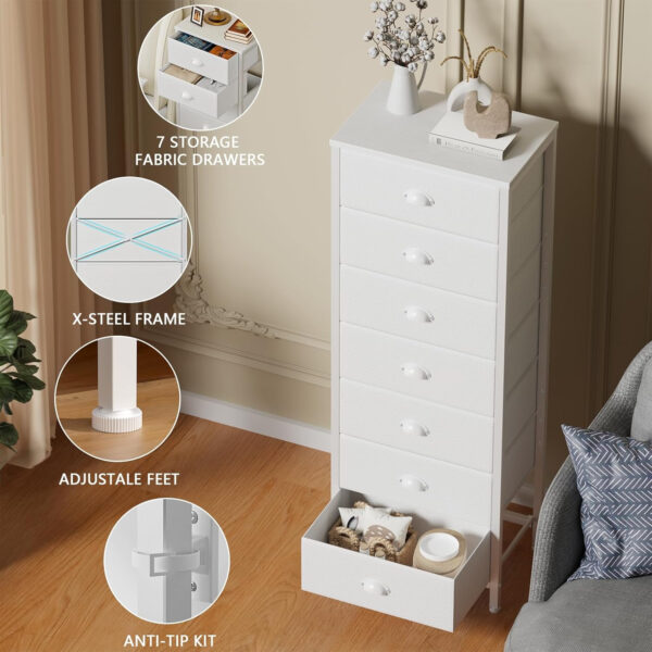 Furnulem White Tall Dresser for Bedroom,Vertical Storage Tower Unit and End Table with 6 Drawers, Nightstand Furniture with Fabric Drawer Organizer in Living Room,Closet,Entryway,Hallyway