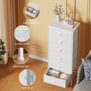 Furnulem White Tall Dresser for Bedroom,Vertical Storage Tower Unit and End Table with 6 Drawers, Nightstand Furniture with Fabric Drawer Organizer in Living Room,Closet,Entryway,Hallyway