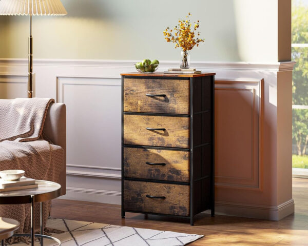 AODK Dresser for Bedroom with 4 Storage Drawers, Small Dressers Chest of Drawers Fabric Dresser with Sturdy Steel Frame, Black