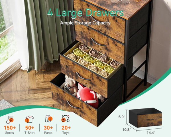 AODK Dresser for Bedroom with 4 Storage Drawers, Small Dressers Chest of Drawers Fabric Dresser with Sturdy Steel Frame, Black