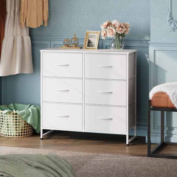 WLIVE White Dresser for Bedroom, 6 Drawer Double Dresser, Fabric Storage Tower with Fabric Bins, Chest of Drawers for Closet, Living Room, Hallway