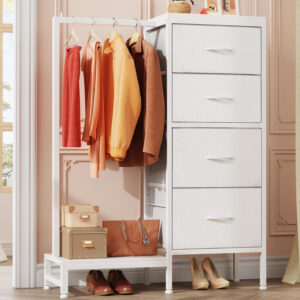 68877114b58fc81f5f99bc2ae2d1f520125b45dce60e77b0feaf7.jpg Dresser with Hanging Rack, 4 Drawers Small Closet for Bedroom, Reversible Fabric Kids Chest of Drawers with Clothes Rack, Tall Storage Tower, Sturdy Frame, White, 44''H