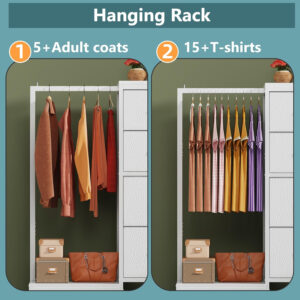68877118b404d6b243617b416b6ed0613d1554862c33295761997.jpg Dresser with Hanging Rack, 4 Drawers Small Closet for Bedroom, Reversible Fabric Kids Chest of Drawers with Clothes Rack, Tall Storage Tower, Sturdy Frame, White, 44''H