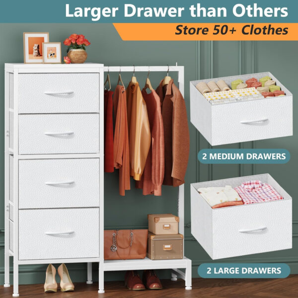 6887711b71cabea0d7b9154675247281d9751b24930a53ab51c4c.jpg Dresser with Hanging Rack, 4 Drawers Small Closet for Bedroom, Reversible Fabric Kids Chest of Drawers with Clothes Rack, Tall Storage Tower, Sturdy Frame, White, 44''H
