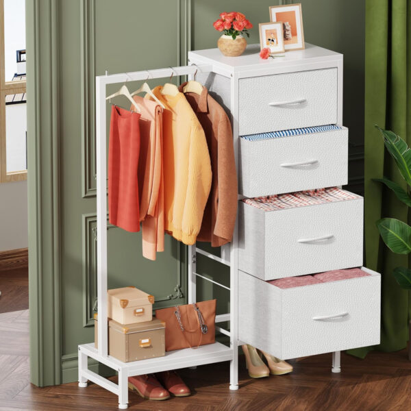 6887711cb0eaea813b53be25b6aaf29428c2cbf3c477ba3cb1d2c.jpg Dresser with Hanging Rack, 4 Drawers Small Closet for Bedroom, Reversible Fabric Kids Chest of Drawers with Clothes Rack, Tall Storage Tower, Sturdy Frame, White, 44''H