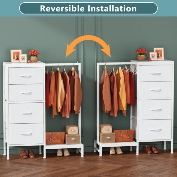 6887711e0b6f03883aacf9f120b88edc1f45dc6fa85b3bcf49986.jpg Dresser with Hanging Rack, 4 Drawers Small Closet for Bedroom, Reversible Fabric Kids Chest of Drawers with Clothes Rack, Tall Storage Tower, Sturdy Frame, White, 44''H