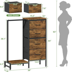 688771232dfab8e5737ae34f26a4d7621b0120d88d80e945c4c1d.jpg Dresser with Hanging Rack, 4 Drawers Small Closet for Bedroom, Reversible Fabric Kids Chest of Drawers with Clothes Rack, Tall Storage Tower, Sturdy Frame, White, 44''H