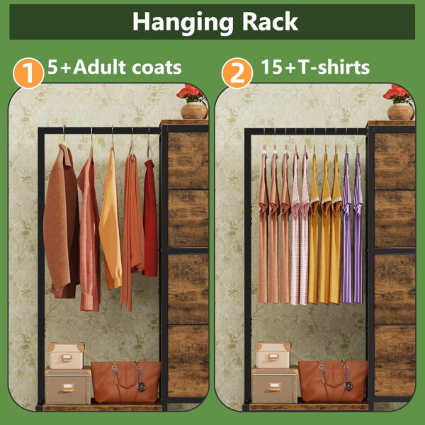 68877125d790418ccc09206f228664151418a0255335f82243f0c.jpg Dresser with Hanging Rack, 4 Drawers Small Closet for Bedroom, Reversible Fabric Kids Chest of Drawers with Clothes Rack, Tall Storage Tower, Sturdy Frame, White, 44''H