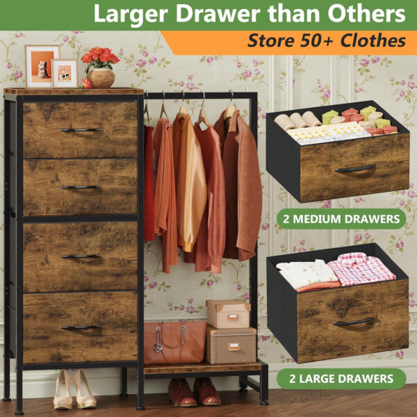 6887712725f31baba2e1e5afdaf56e503813c9e4b582ef5372a49.jpg Dresser with Hanging Rack, 4 Drawers Small Closet for Bedroom, Reversible Fabric Kids Chest of Drawers with Clothes Rack, Tall Storage Tower, Sturdy Frame, White, 44''H
