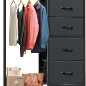 68877129dc45f823392214eb43b22dc2bfb4b6aff4fbe27e0fde9.jpg Dresser with Hanging Rack, 4 Drawers Small Closet for Bedroom, Reversible Fabric Kids Chest of Drawers with Clothes Rack, Tall Storage Tower, Sturdy Frame, White, 44''H