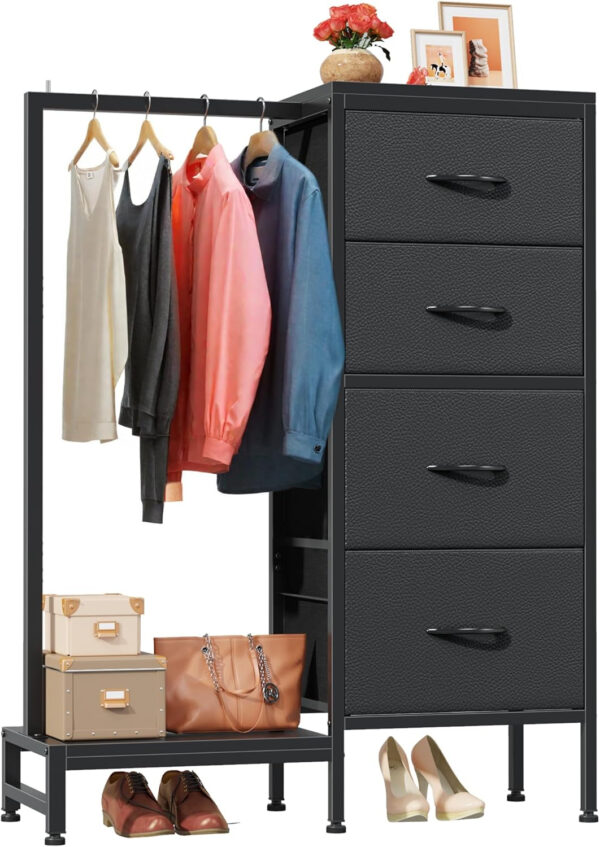 68877129dc45f823392214eb43b22dc2bfb4b6aff4fbe27e0fde9.jpg Dresser with Hanging Rack, 4 Drawers Small Closet for Bedroom, Reversible Fabric Kids Chest of Drawers with Clothes Rack, Tall Storage Tower, Sturdy Frame, White, 44''H