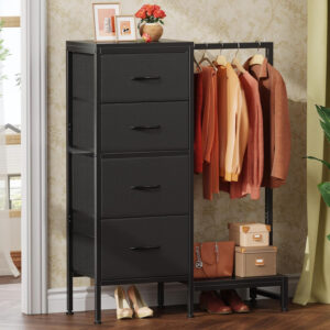 6887712b4095430558aac2005db975d7382b8dcc1577873e6a1b6.jpg Dresser with Hanging Rack, 4 Drawers Small Closet for Bedroom, Reversible Fabric Kids Chest of Drawers with Clothes Rack, Tall Storage Tower, Sturdy Frame, White, 44''H