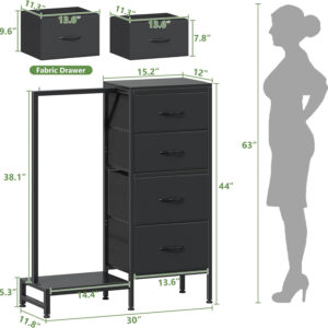 6887712c9d560f843df5534eb6e4b611cde03722cdffd60be29d7.jpg Dresser with Hanging Rack, 4 Drawers Small Closet for Bedroom, Reversible Fabric Kids Chest of Drawers with Clothes Rack, Tall Storage Tower, Sturdy Frame, White, 44''H