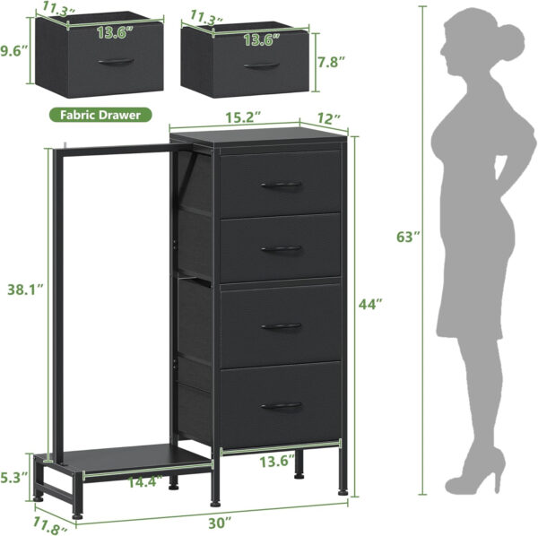 6887712c9d560f843df5534eb6e4b611cde03722cdffd60be29d7.jpg Dresser with Hanging Rack, 4 Drawers Small Closet for Bedroom, Reversible Fabric Kids Chest of Drawers with Clothes Rack, Tall Storage Tower, Sturdy Frame, White, 44''H