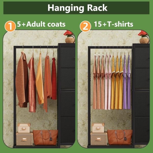 6887712f60ee046329d91a607f0a5648126566527984db9e60bd1.jpg Dresser with Hanging Rack, 4 Drawers Small Closet for Bedroom, Reversible Fabric Kids Chest of Drawers with Clothes Rack, Tall Storage Tower, Sturdy Frame, White, 44''H
