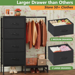 68877131994ccea61c34b4d79265812f37d615e4530075004689f.jpg Dresser with Hanging Rack, 4 Drawers Small Closet for Bedroom, Reversible Fabric Kids Chest of Drawers with Clothes Rack, Tall Storage Tower, Sturdy Frame, White, 44''H