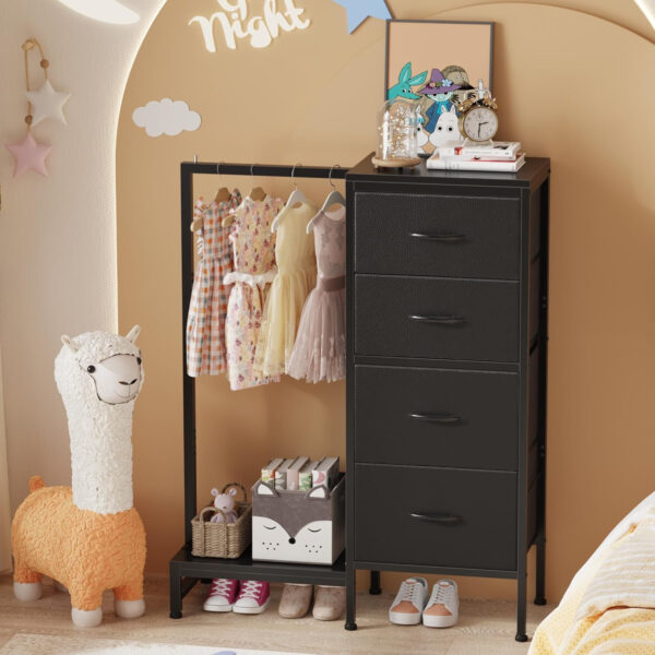 688771348061dc63f0a36f6feede89a042236cdb437e9c4d0b4bc.jpg Dresser with Hanging Rack, 4 Drawers Small Closet for Bedroom, Reversible Fabric Kids Chest of Drawers with Clothes Rack, Tall Storage Tower, Sturdy Frame, White, 44''H