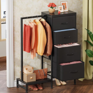 68877135e3da30b5f1180b1afc4292421820fe3c0ee9b0a8924bf.jpg Dresser with Hanging Rack, 4 Drawers Small Closet for Bedroom, Reversible Fabric Kids Chest of Drawers with Clothes Rack, Tall Storage Tower, Sturdy Frame, White, 44''H