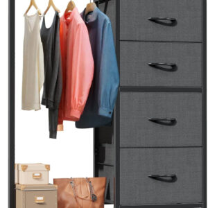 6887713772a25df4b7aa66a4e51e4c8ed158c1c70286966aed47f.jpg Dresser with Hanging Rack, 4 Drawers Small Closet for Bedroom, Reversible Fabric Kids Chest of Drawers with Clothes Rack, Tall Storage Tower, Sturdy Frame, White, 44''H