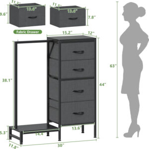 6887713a6063bd587d4209af0f9207e442bec75f0c79a52be99a6.jpg Dresser with Hanging Rack, 4 Drawers Small Closet for Bedroom, Reversible Fabric Kids Chest of Drawers with Clothes Rack, Tall Storage Tower, Sturdy Frame, White, 44''H