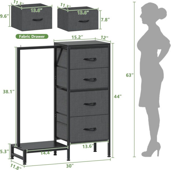 6887713a6063bd587d4209af0f9207e442bec75f0c79a52be99a6.jpg Dresser with Hanging Rack, 4 Drawers Small Closet for Bedroom, Reversible Fabric Kids Chest of Drawers with Clothes Rack, Tall Storage Tower, Sturdy Frame, White, 44''H