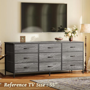 Huuger 63 Inch Dresser for Bedroom, Long Dresser for Closet with 9 Drawers, Large TV Stand for 55, 65, 70 Inch TV, Entertainment Center with Storage, Wide Chest of Drawers, Grey